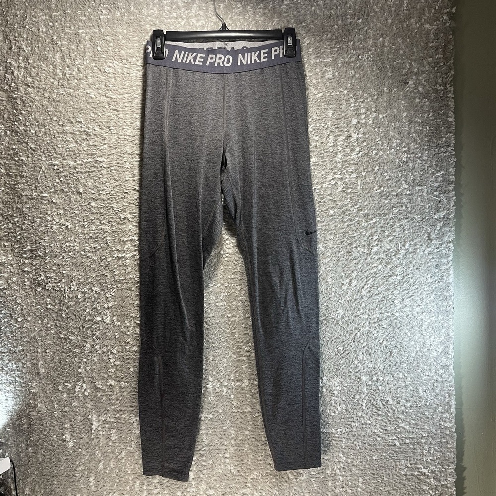 Nike Pro Leggings Women's M Gray Big Band Logo Athletic Activewear